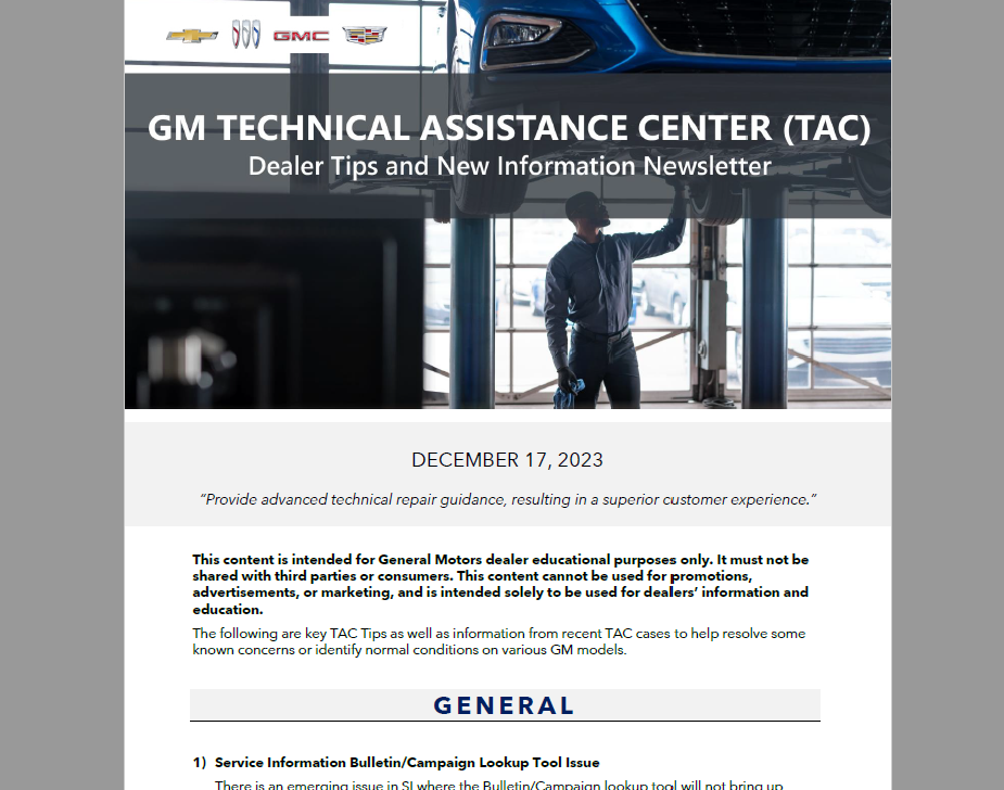 December Service Newsletter from the Experts at GM TAC